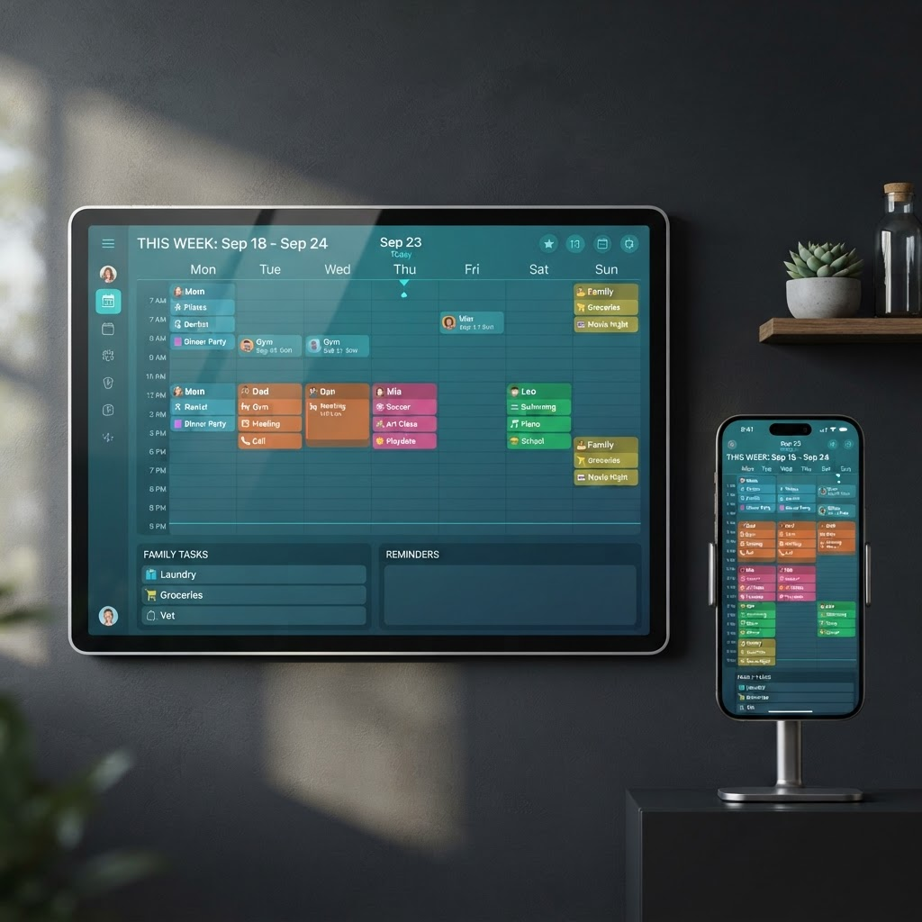 Alice Schedule family calendar shown across a wall display and a phone