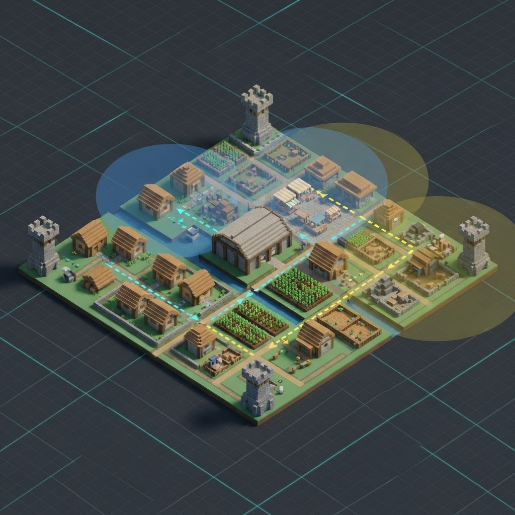 Isometric colony layout planner with guard tower coverage overlays