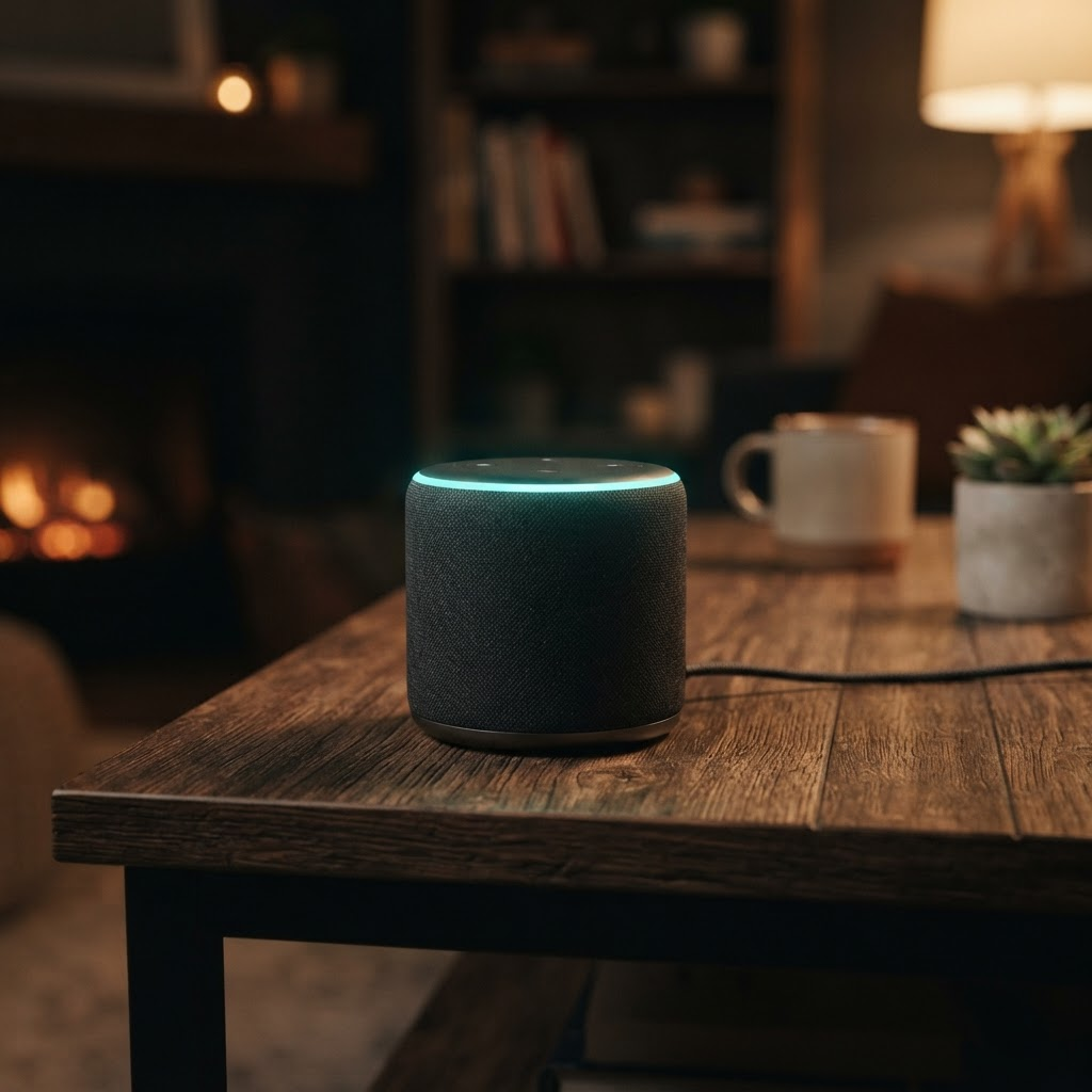 Iris Home Automation smart device with a glowing light ring on a shelf